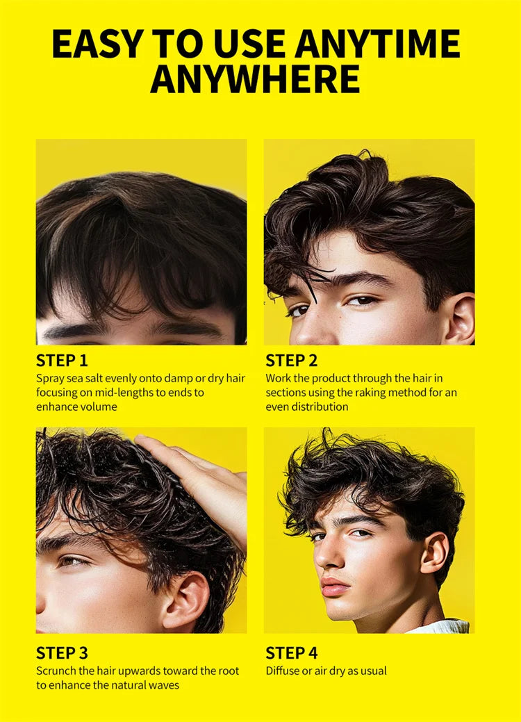 Spray de Sal Marinho Natural de 100ml para Homem, Neblina de Água Salgada para Cabelo, Spray Volumizador e Espessante para Cabelo, para Ondas, Caracóis, Spray de Sal Marinho para Cabelo, Neblina Fixadora