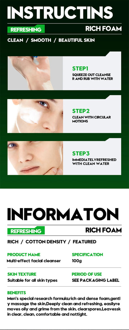 Deep Cleansing Men Facial Cleanser Oil Control Moisturizing Blackhead Remove Dark Spots Pores Acne Mark Refining Face Wash 100g