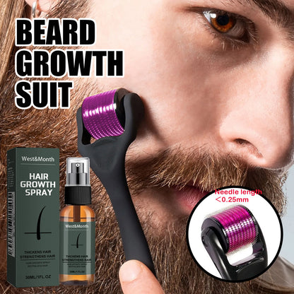 Men's Beard Spray Kit with Micro Roller 0.25mm Moisturizing Thicken Facial Hair Beard Boosting Essence Nourishing Spray Bear