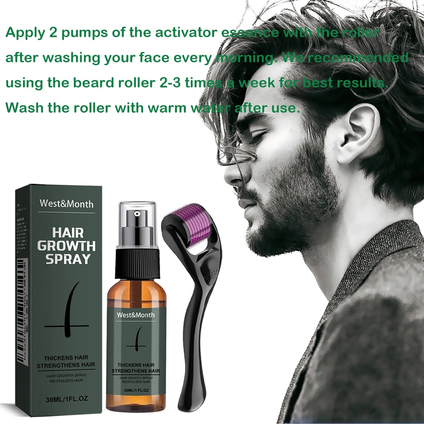 Men's Beard Spray Kit with Micro Roller 0.25mm Moisturizing Thicken Facial Hair Beard Boosting Essence Nourishing Spray Bear