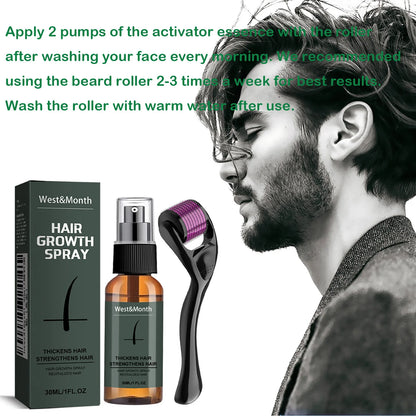 Men's Beard Spray Kit with Micro Roller 0.25mm Moisturizing Thicken Facial Hair Beard Boosting Essence Nourishing Spray Bear