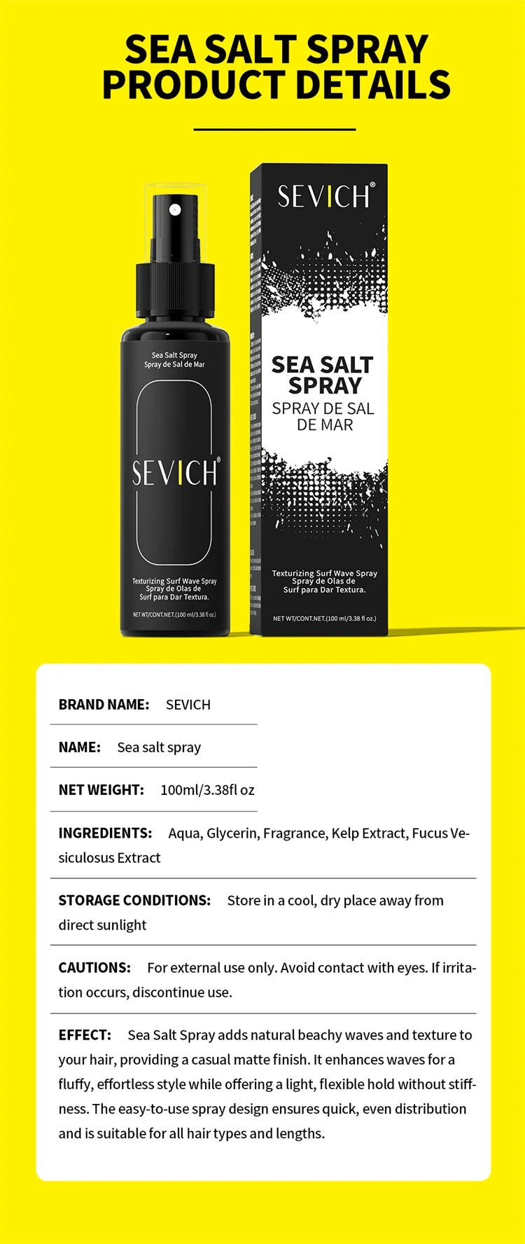 Spray de Sal Marinho Natural de 100ml para Homem, Neblina de Água Salgada para Cabelo, Spray Volumizador e Espessante para Cabelo, para Ondas, Caracóis, Spray de Sal Marinho para Cabelo, Neblina Fixadora